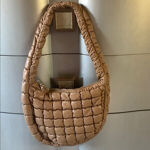 Tan Quilted Crescent Shoulder Bag